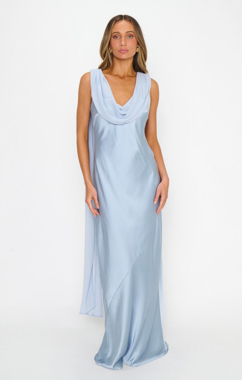 Show Me Your Mumu Maya Maxi Dress in Steel Blue Luxe Satin S NWT